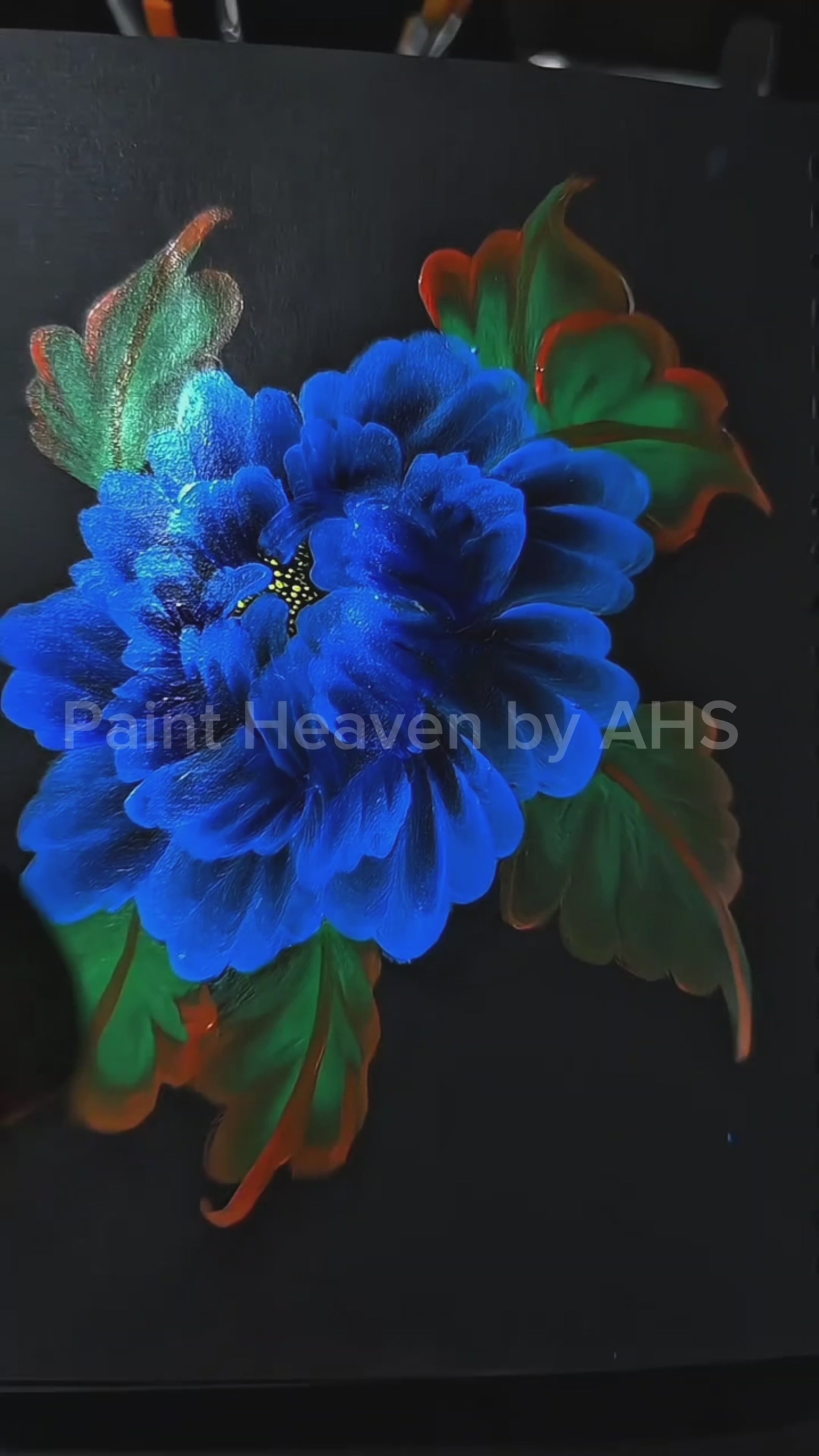 Vibrant Blue Petals one-stroke painting on black paper, printable wall art
