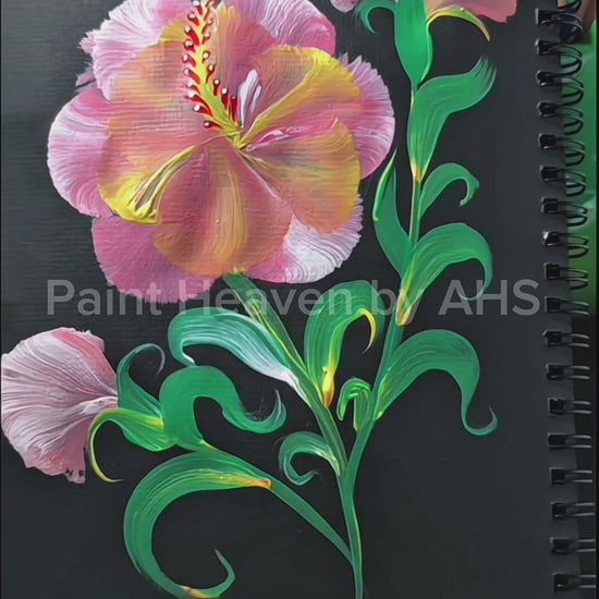 Soft Pink Hibiscus with Curved Stem one-stroke painting on black paper, printable wall art
