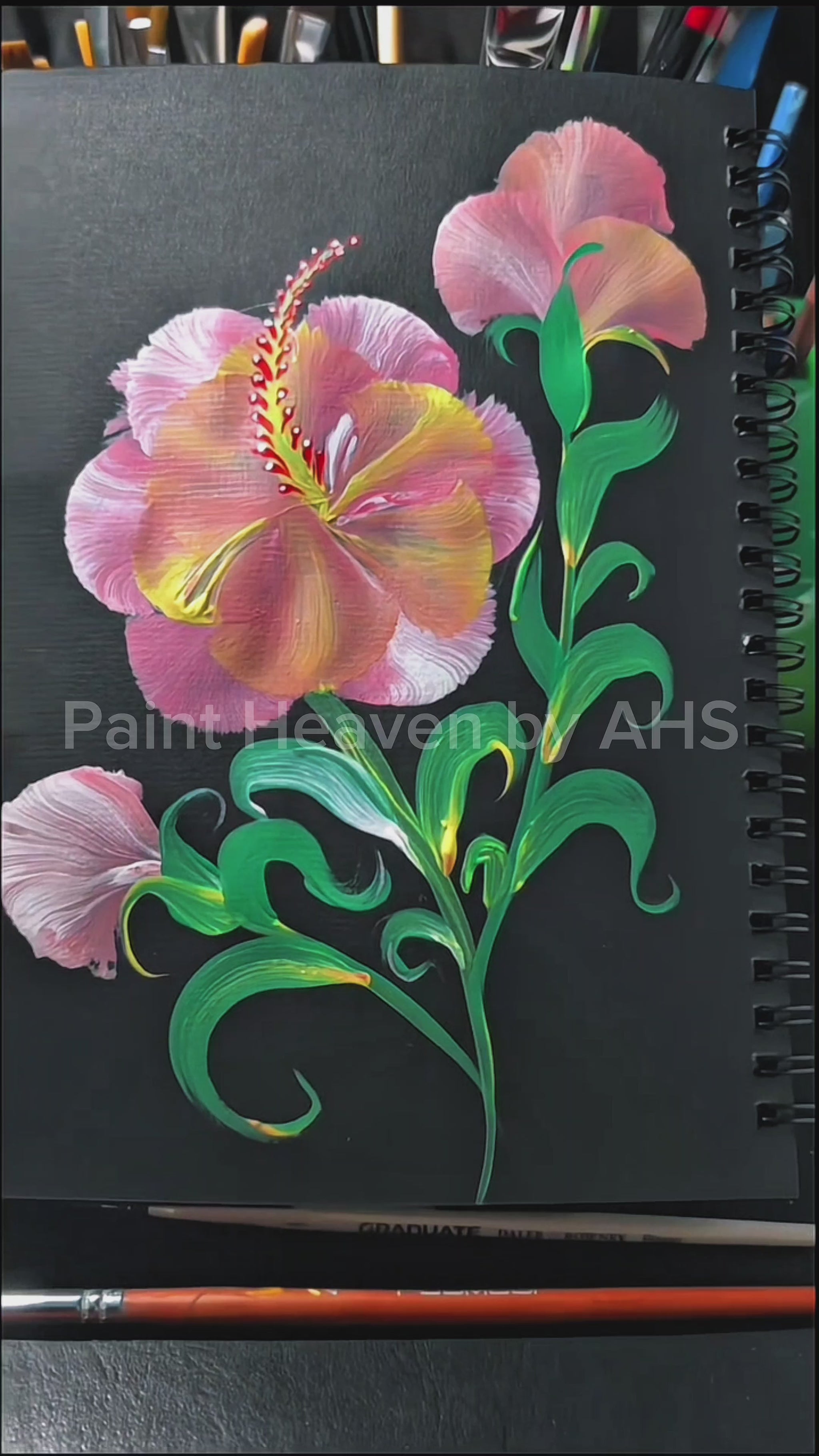 Soft Pink Hibiscus with Curved Stem one-stroke painting on black paper, printable wall art
