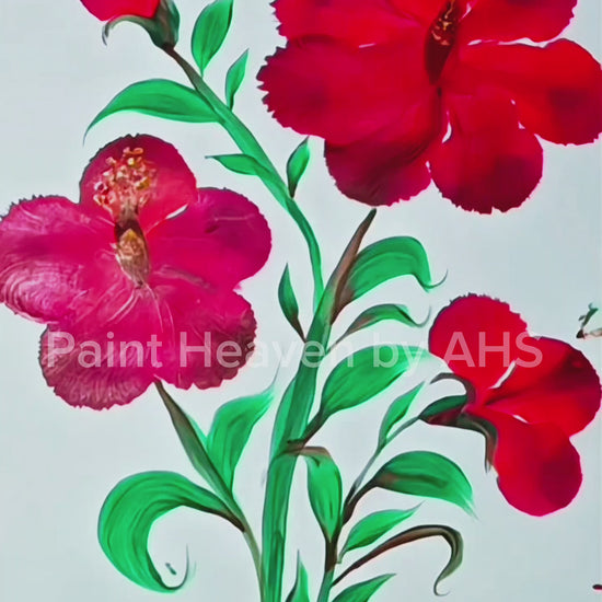 Rich Red Hibiscus Cluster one-stroke painting on white paper, printable wall art
