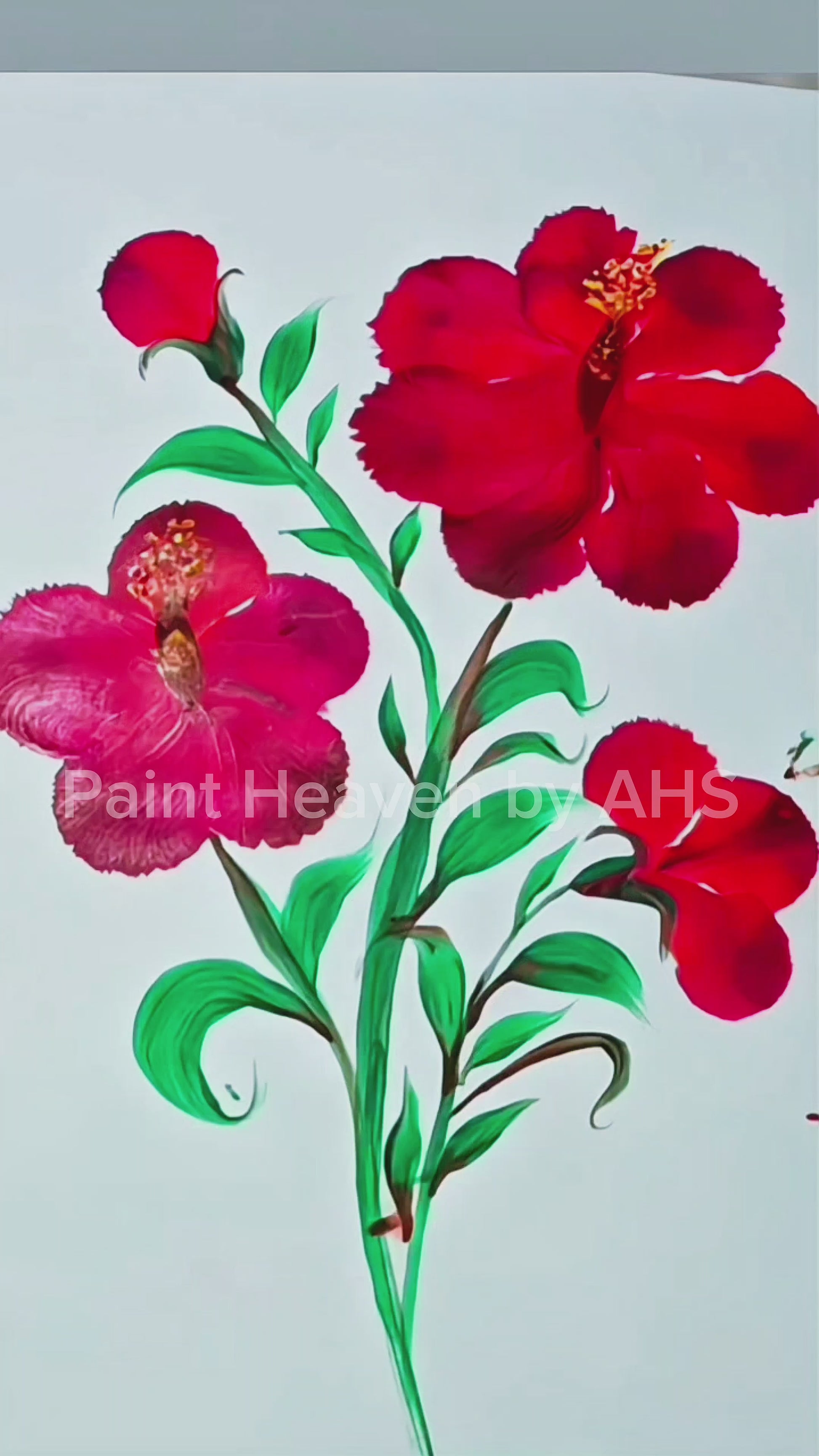 Rich Red Hibiscus Cluster one-stroke painting on white paper, printable wall art
