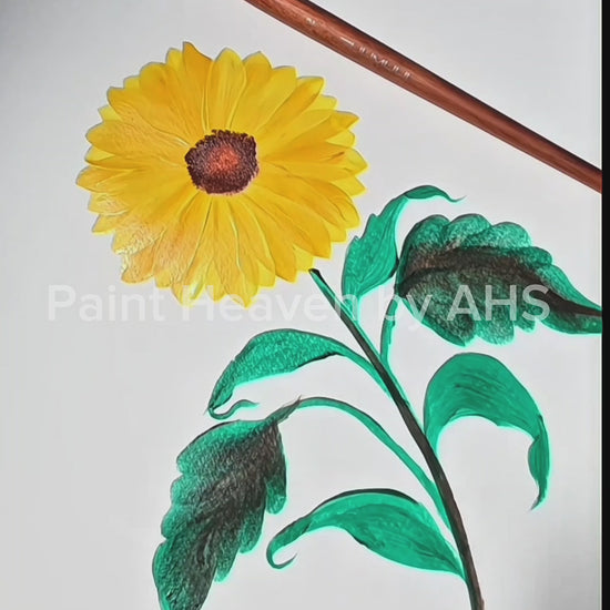 Golden Sunflower one-stroke painting on white paper, printable wall art

