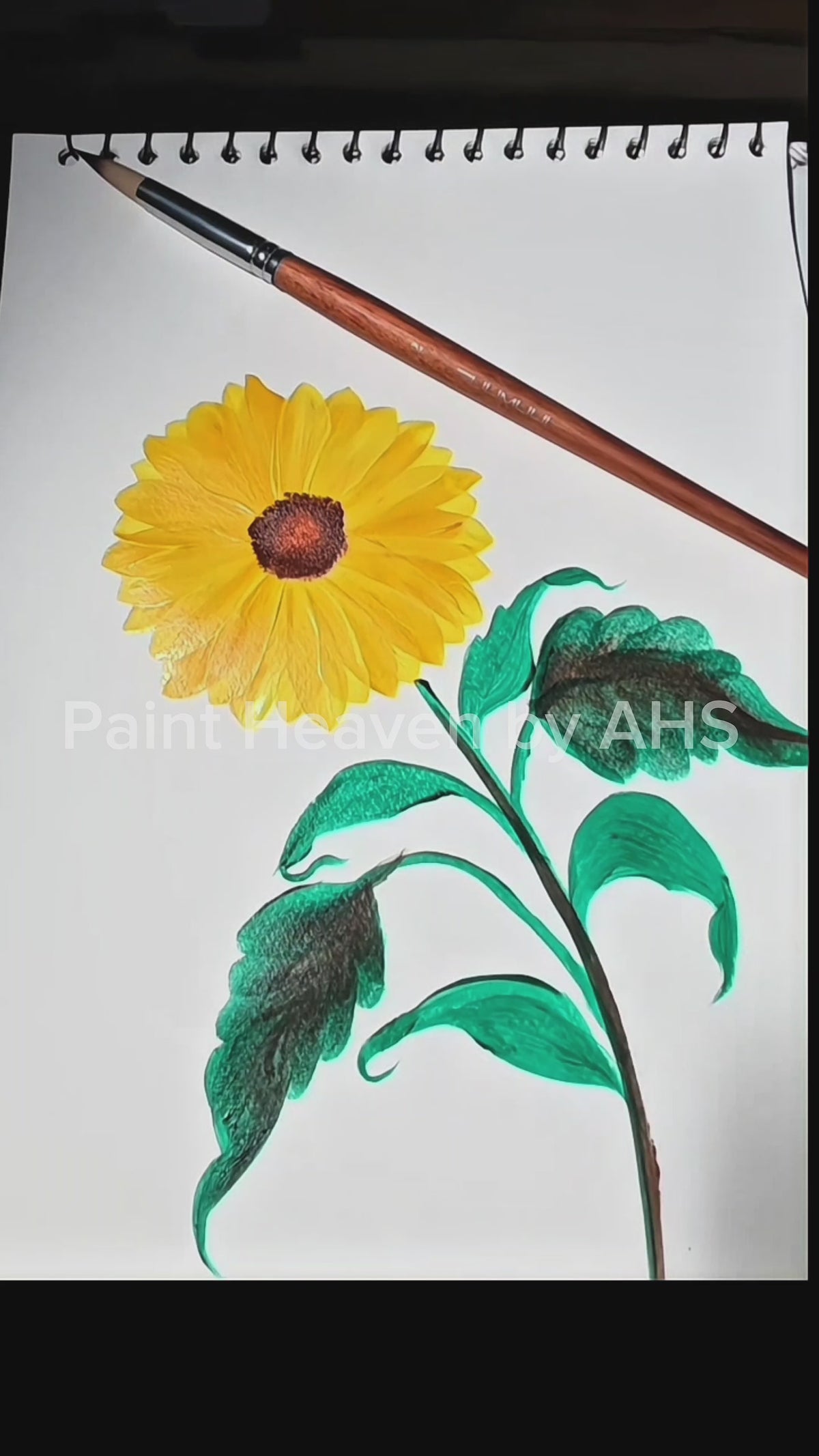 Golden Sunflower one-stroke painting on white paper, printable wall art
