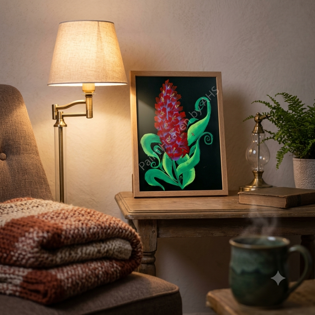  Red Gladiolus on Black Paper (Vibrant red and purple blooms, lush green leaves, dark background) framed art print displayed on a table
