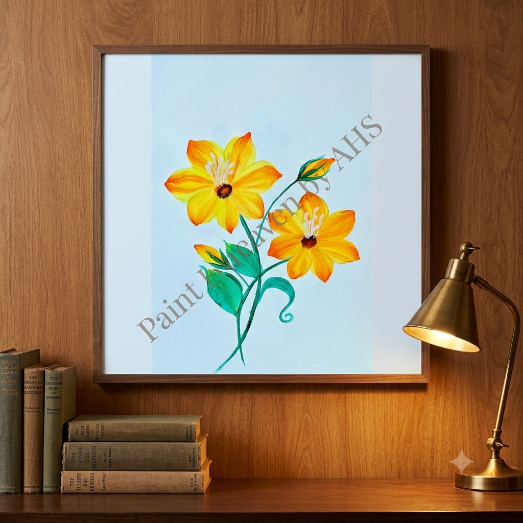  Vibrant Orange Multi-Bloom Arrangement (Lush garden style, white background) framed floral print hanging on a living room wall
